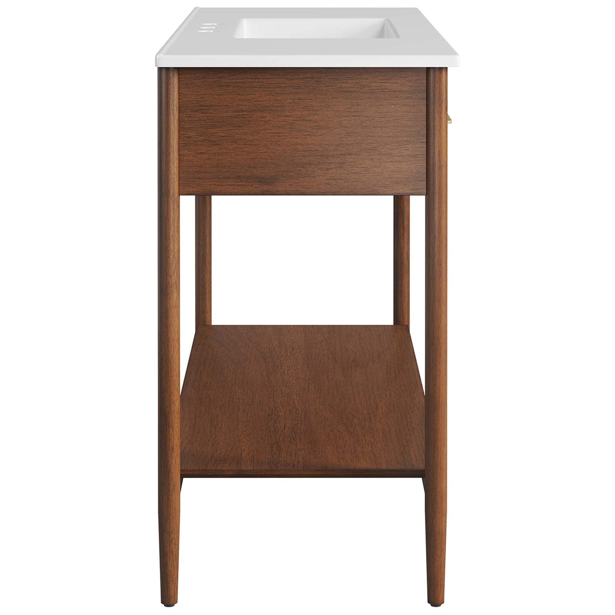 Streamlined design with tapered legs and an open shelf beneath the integrated ceramic sink || EEI-6824-WAL-WHI || side_studio