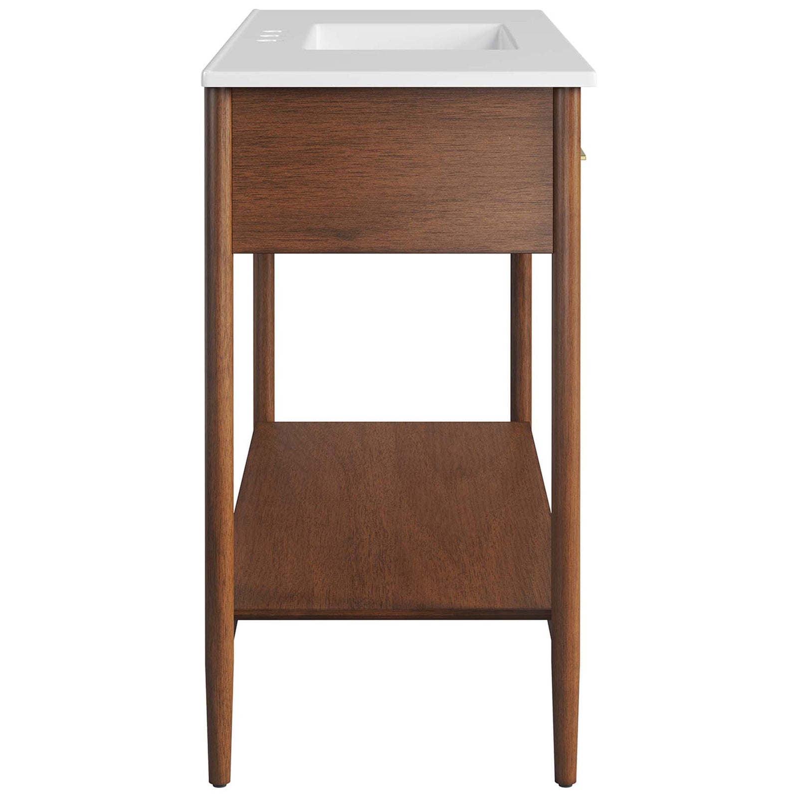 Streamlined design with tapered legs and an open shelf beneath the integrated ceramic sink || EEI-6824-WAL-WHI || side_studio