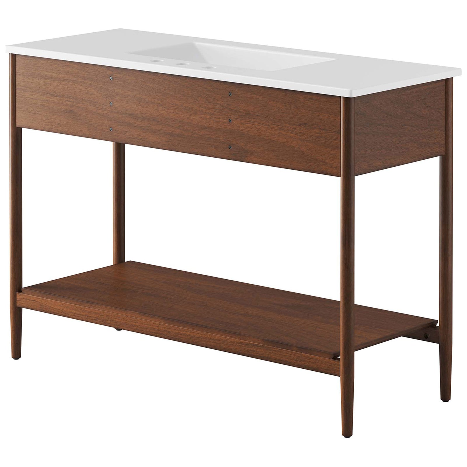 Rich wood grain finish pairs with a seamless white countertop and a spacious lower shelf || EEI-6824-WAL-WHI || back_angle_studio