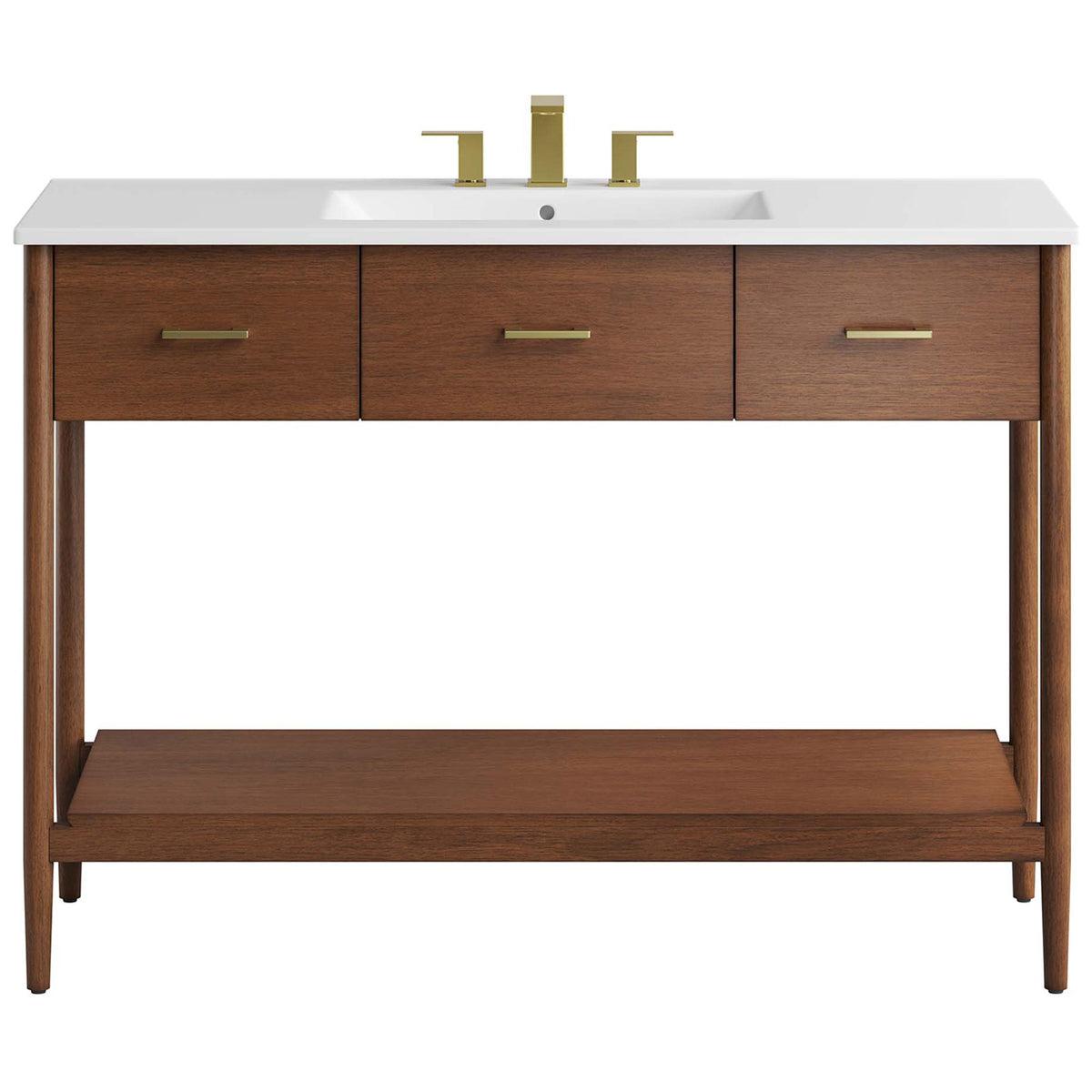 Sleek white countertop with 8 inch widespread holes and brass tone pulls elevate the minimalist design || EEI-6824-WAL-WHI || front_studio