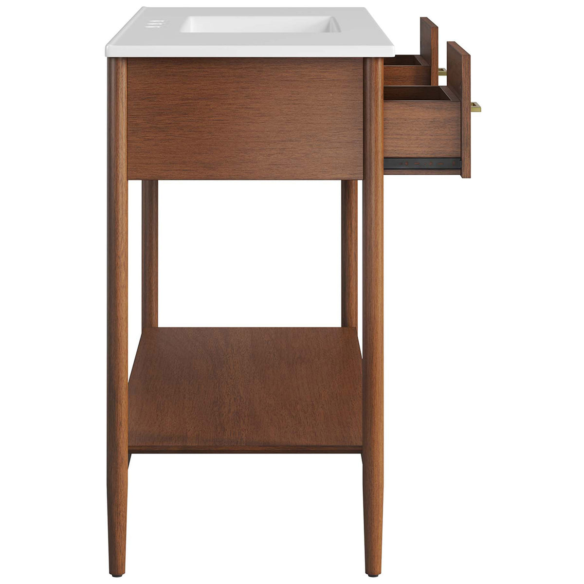 Smooth glide drawer opens to reveal storage, complemented by tapered legs and a full length shelf || EEI-6824-WAL-WHI || side_open_studio