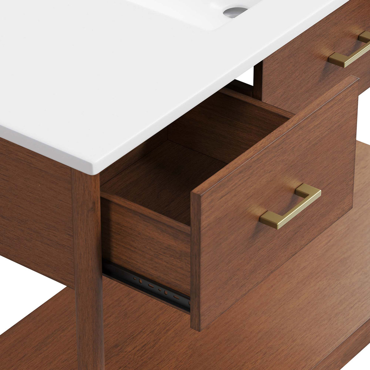 Roomy side drawer with wood grain veneer and metal glides keeps bathroom essentials neatly organized || EEI-6824-WAL-WHI || storage_open_studio