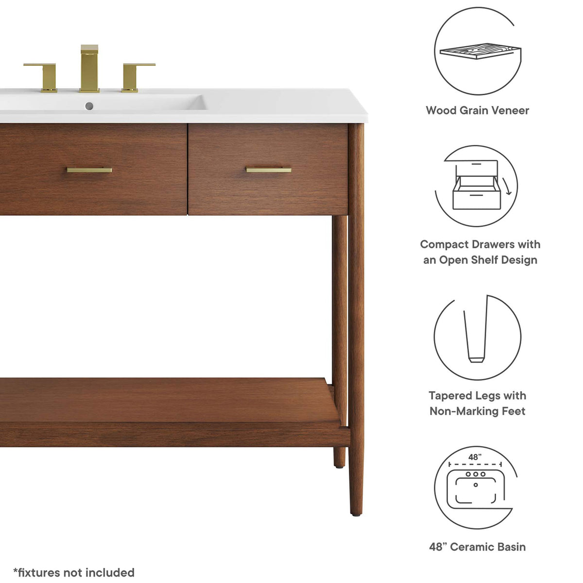 Key features include wood grain veneer, compact drawers, tapered legs, and a 48 inch ceramic basin || EEI-6824-WAL-WHI || callout_studio