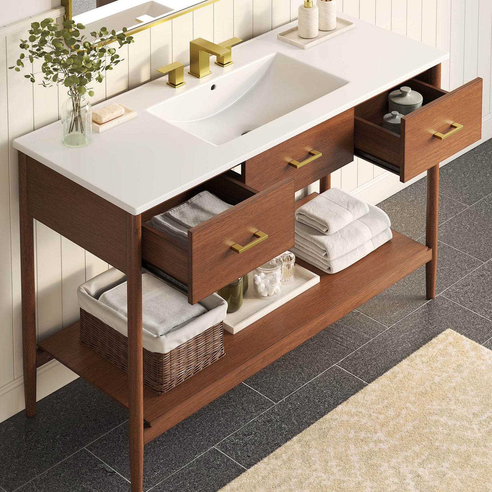 Open drawers and shelf neatly store towels while the integrated sink streamlines your morning routine || EEI-6824-WAL-WHI || front_angle_open_room