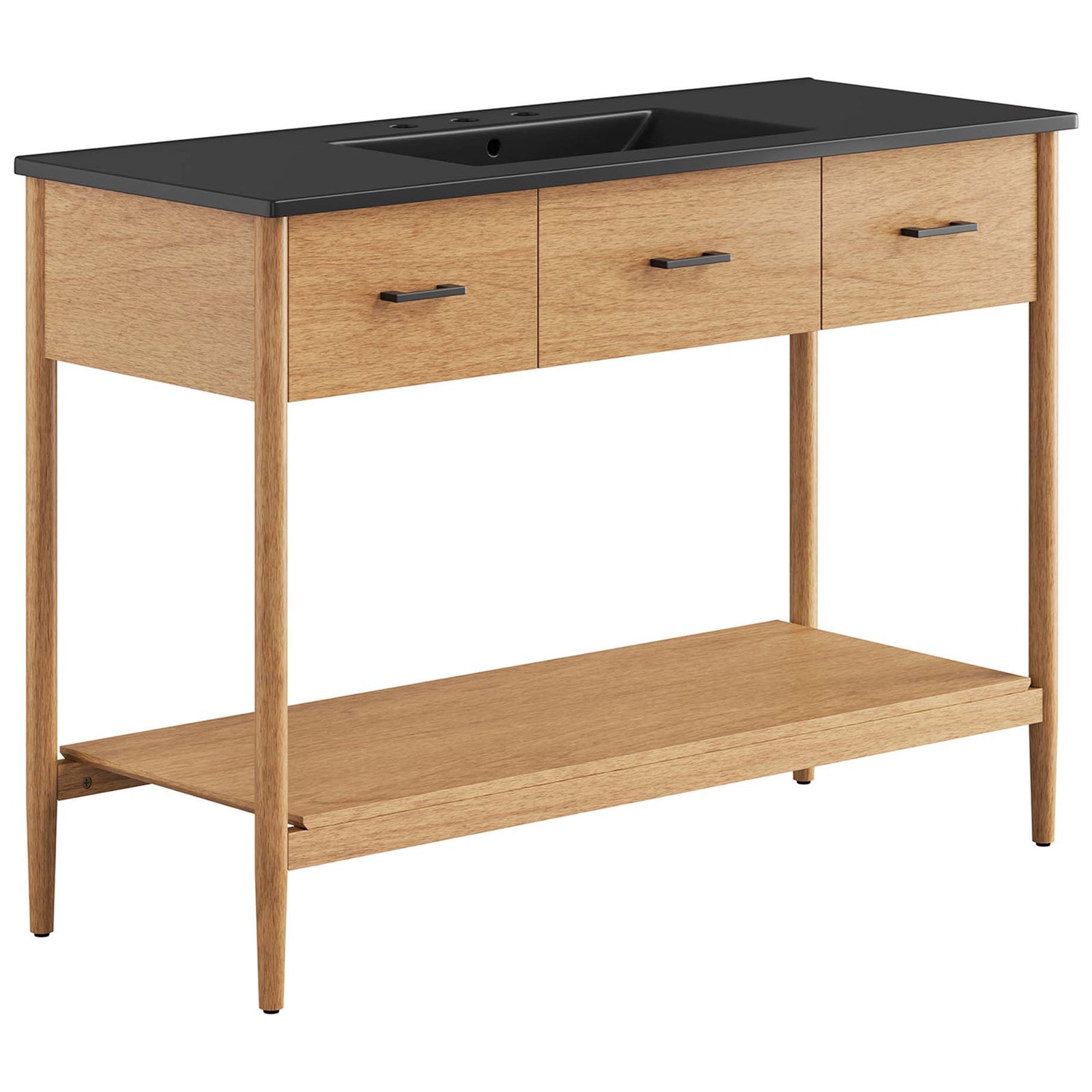 Mid-century vanity in natural wood with black top and integrated basin, tapered legs, and open shelf || EEI-6825-NAT-BLK || front_angle_studio