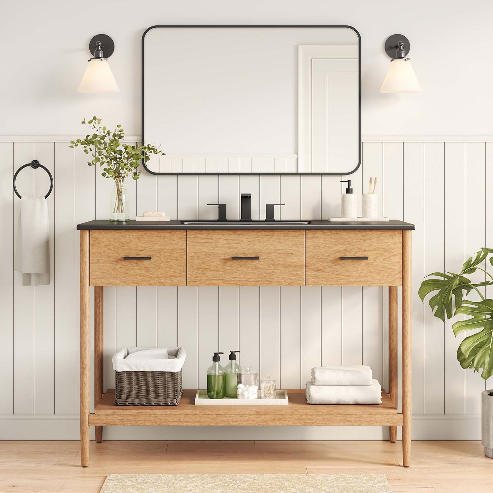Warm natural wood vanity with black sink and open shelf brings simple modern style to the bath || EEI-6825-NAT-BLK || front_room