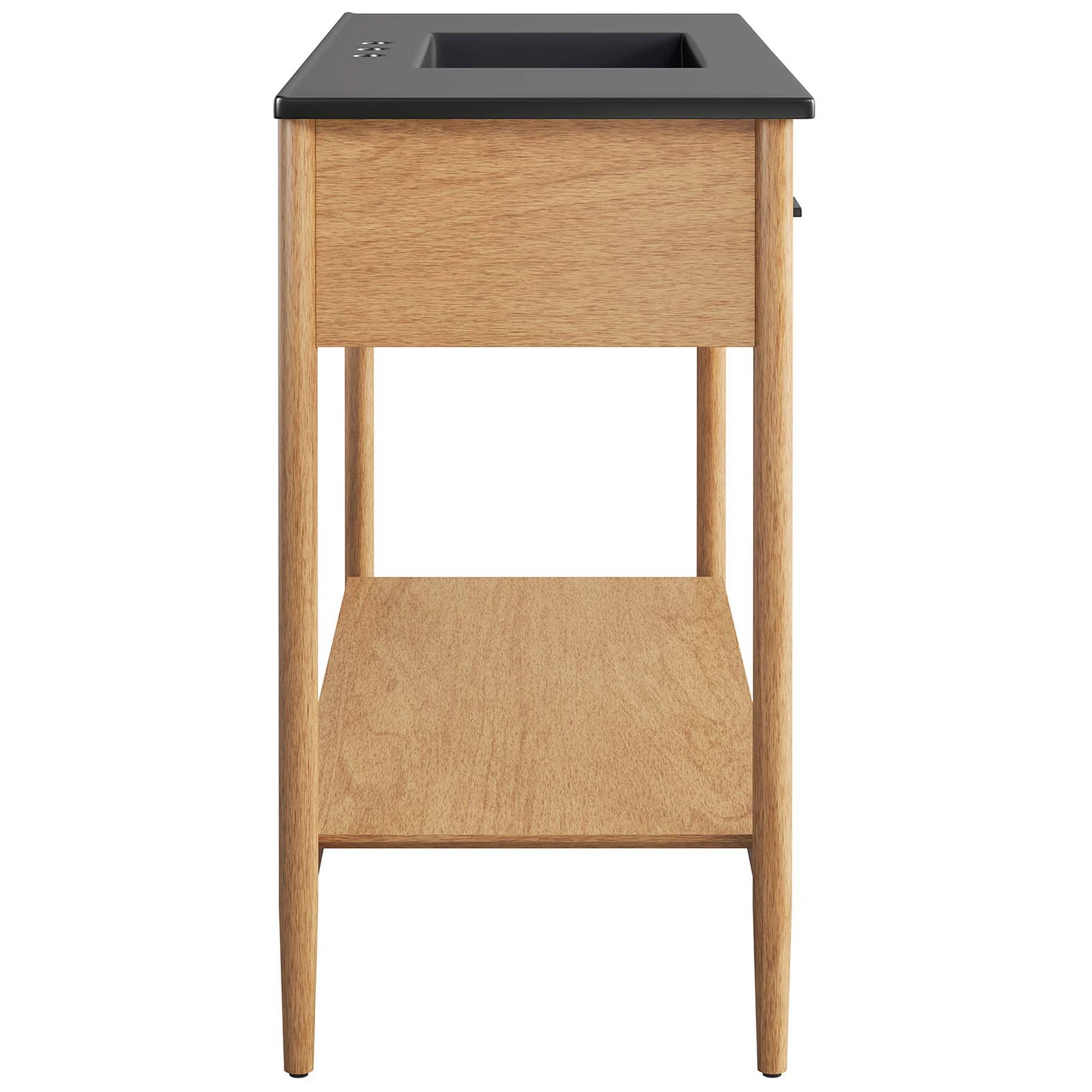 Slim profile highlights tapered legs, open lower shelf, and black countertop with integrated basin || EEI-6825-NAT-BLK || side_studio