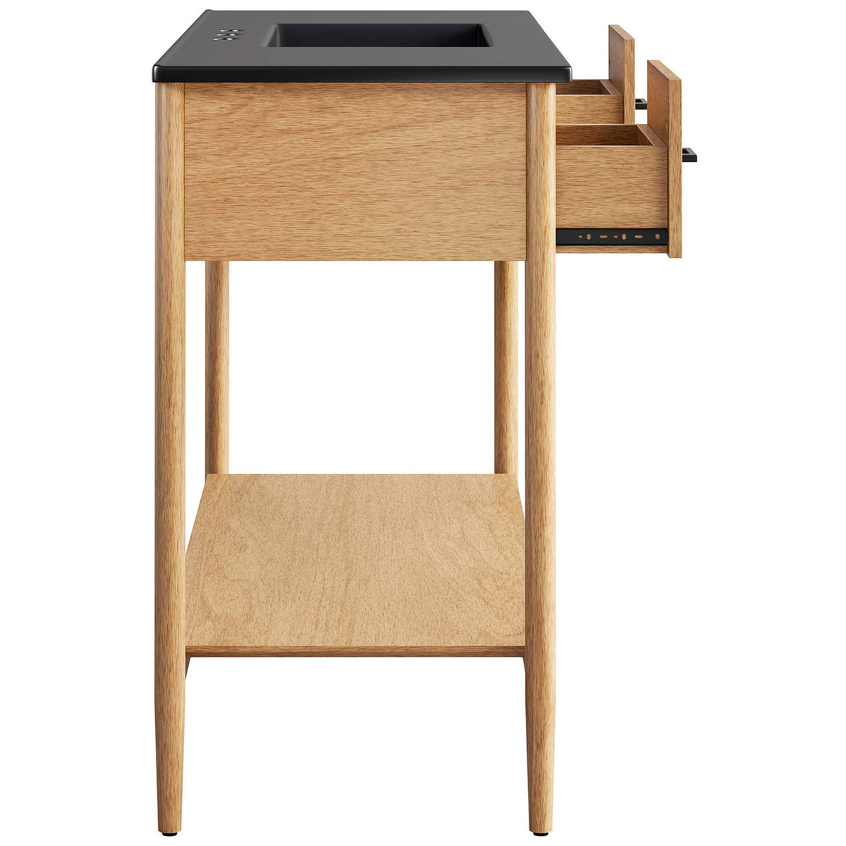 Side drawer extends to reveal storage, with open shelf below and a matte black integrated sink || EEI-6825-NAT-BLK || side_open_studio