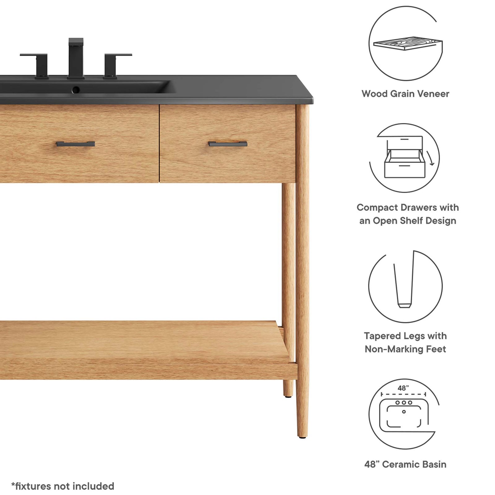 Key features include wood grain veneer, compact drawers, tapered legs, non-marking feet, and ceramic basin || EEI-6825-NAT-BLK || callout_studio