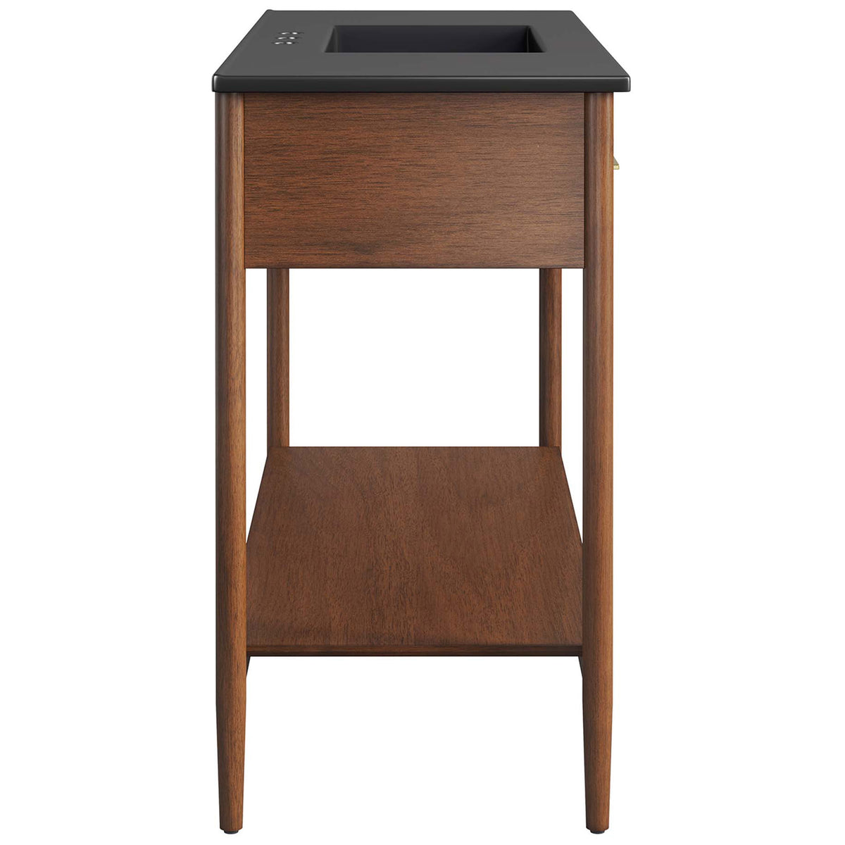 Slim silhouette highlights tapered legs and open lower shelf beneath the sleek countertop || EEI-6825-WAL-BLK || side_studio