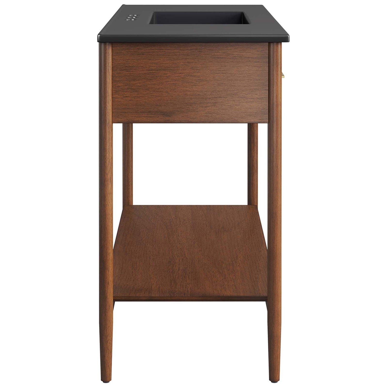 Slim silhouette highlights tapered legs and open lower shelf beneath the sleek countertop || EEI-6825-WAL-BLK || side_studio