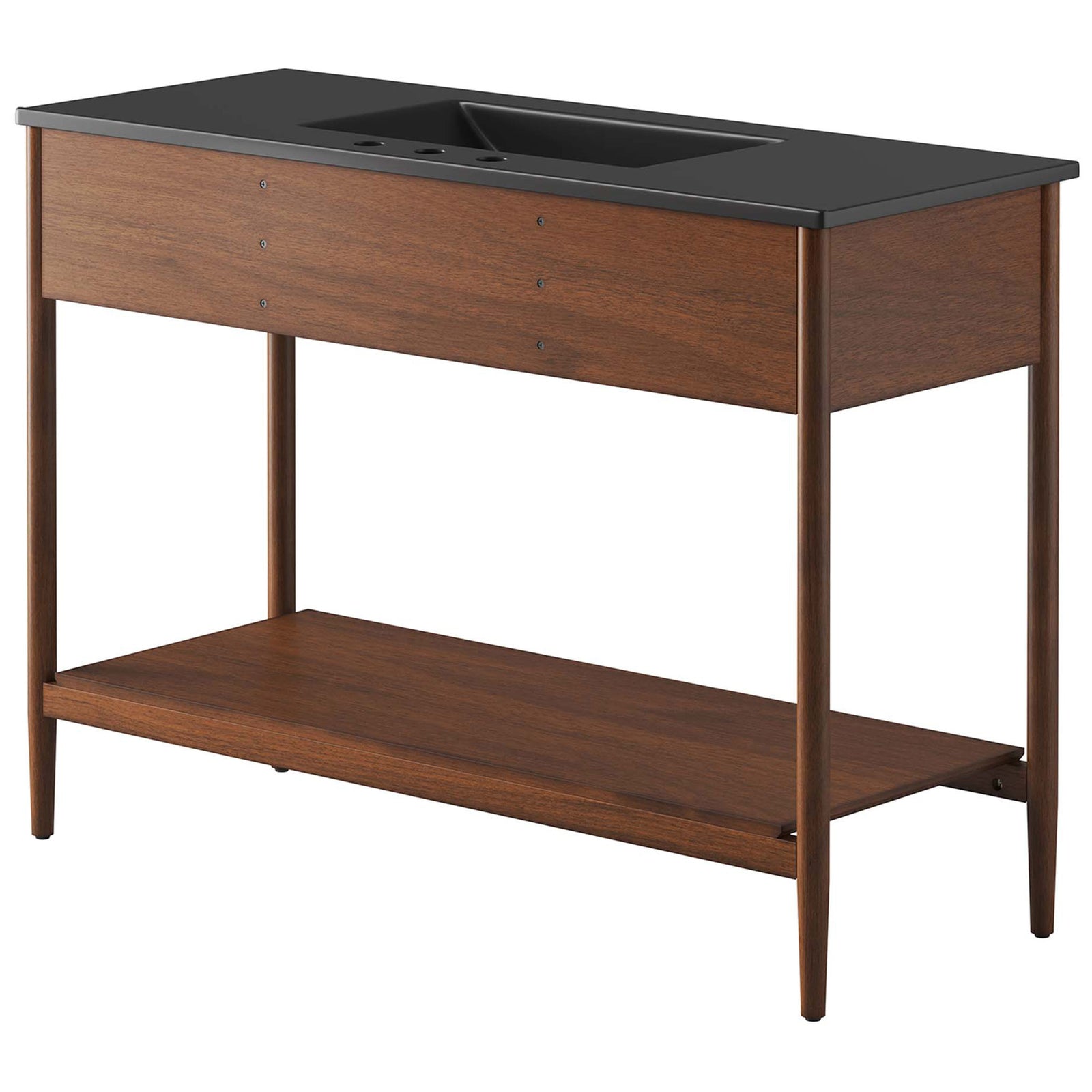 Clean rear profile showcases warm wood grain and sturdy frame construction || EEI-6825-WAL-BLK || back_angle_studio