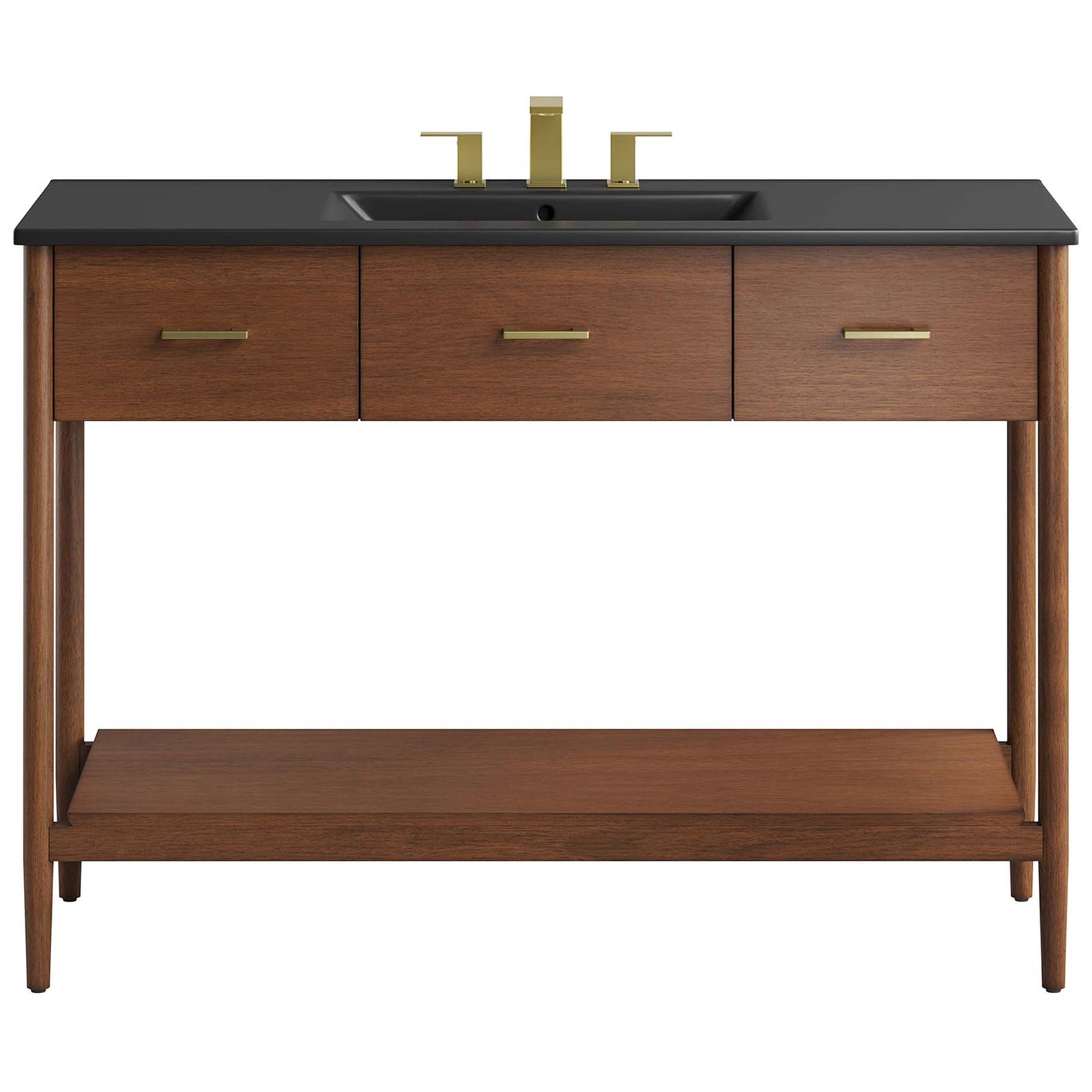 Walnut vanity with black ceramic basin, 8-inch widespread-ready top, and brass hardware || EEI-6825-WAL-BLK || front_studio