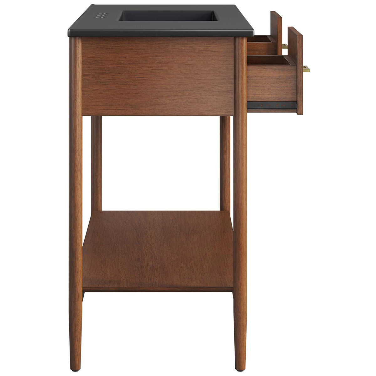Side drawer glides open for quick storage access above the spacious open shelf || EEI-6825-WAL-BLK || side_open_studio