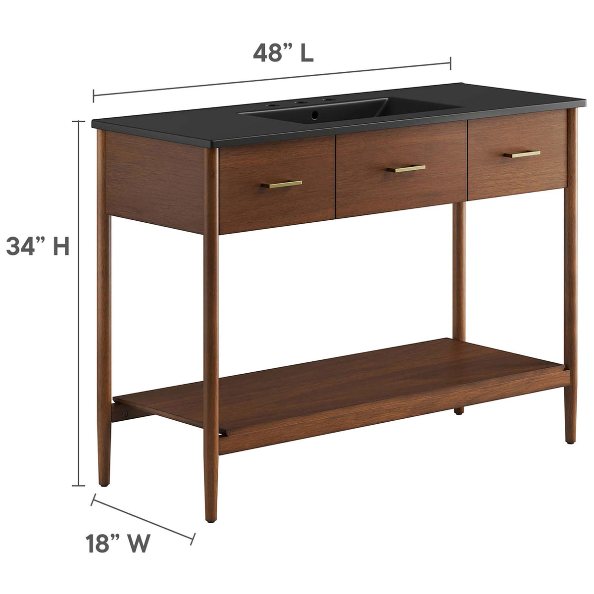 Overall size shown: 48 L x 18 W x 34 H vanity with black top and open shelf || EEI-6825-WAL-BLK || dimension_studio