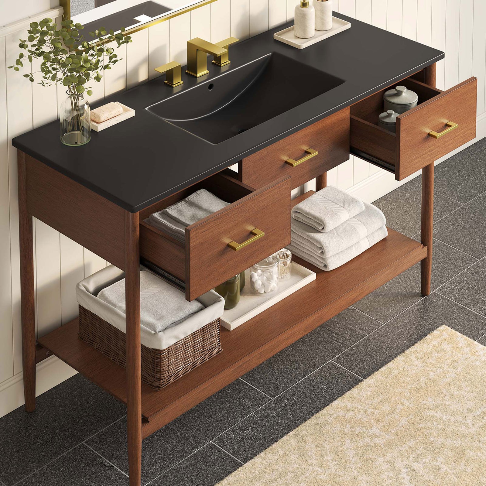 Open drawers and airy shelf keep towels and essentials within easy reach in warm walnut || EEI-6825-WAL-BLK || front_angle_open_room