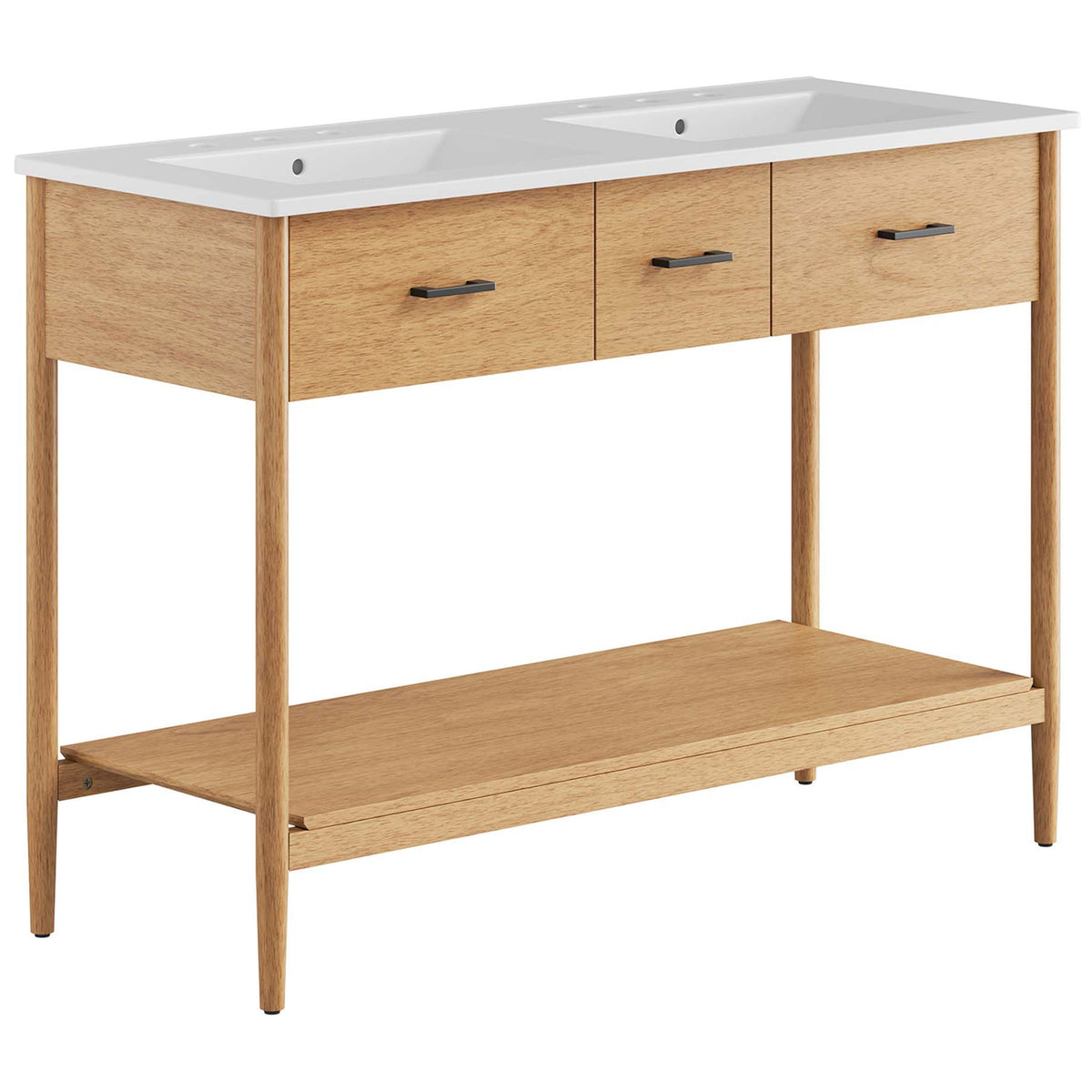 Natural wood double-sink vanity with clean lines, open shelf, and sleek metal pulls || EEI-6826-NAT-WHI || front_angle_studio