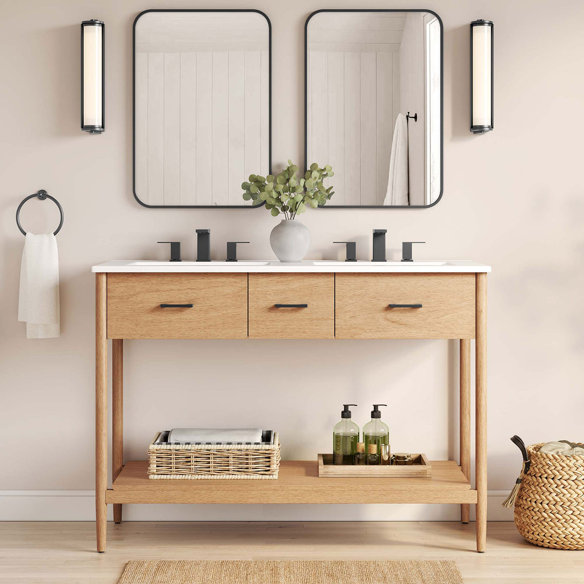Warm natural finish vanity anchors the bath with open shelf storage and clean, modern lines || EEI-6826-NAT-WHI || front_room