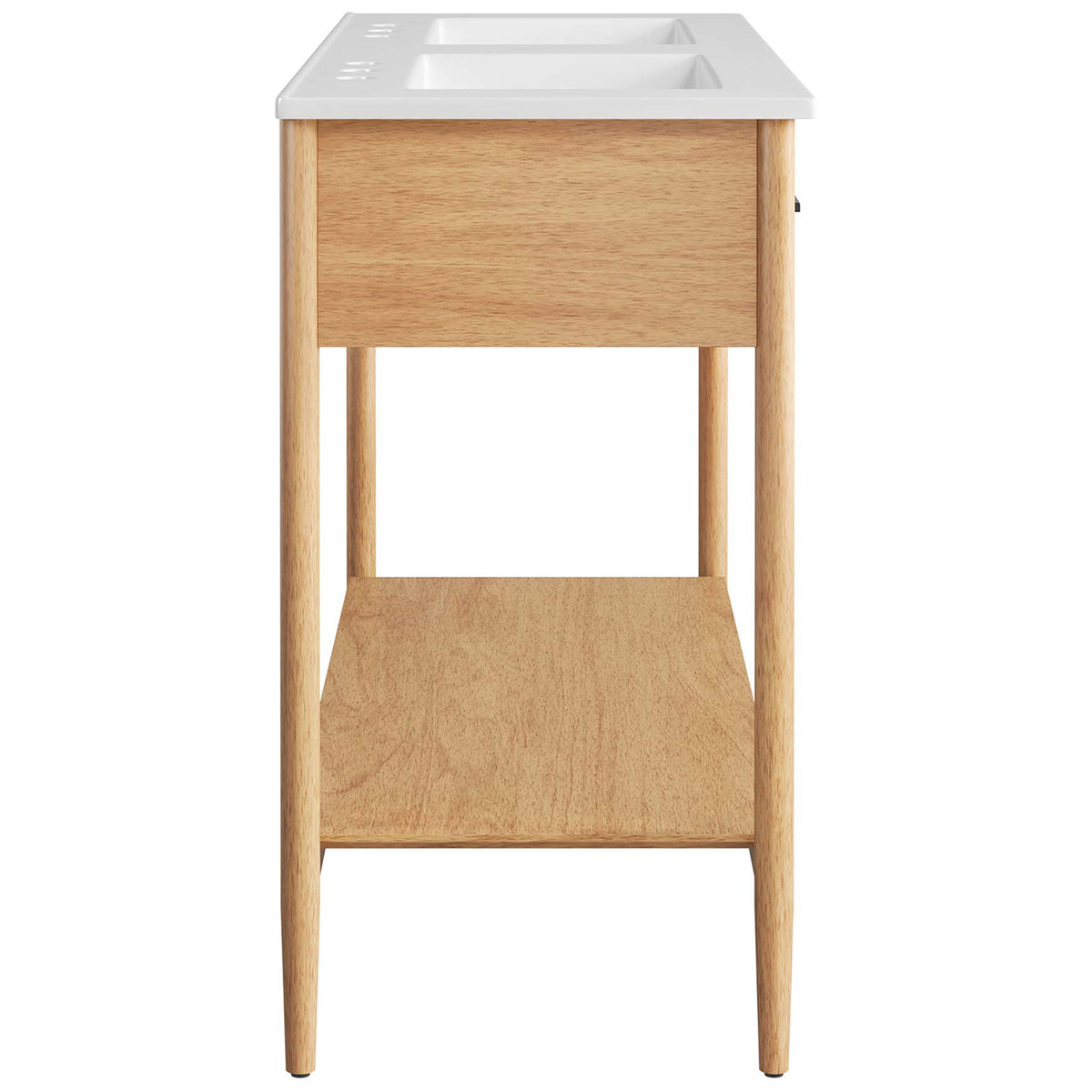 Slim profile showcases tapered legs, wood grain veneer, and integrated white double basin || EEI-6826-NAT-WHI || side_studio