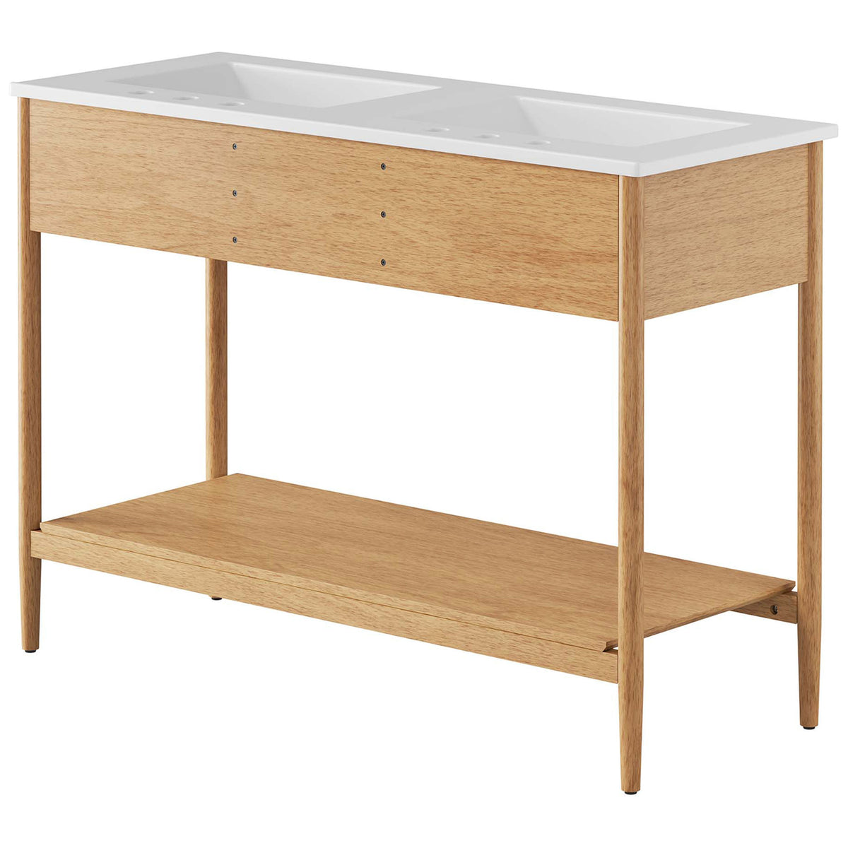 Streamlined silhouette with warm wood grain and full-length lower shelf for airy bathroom storage || EEI-6826-NAT-WHI || back_angle_studio