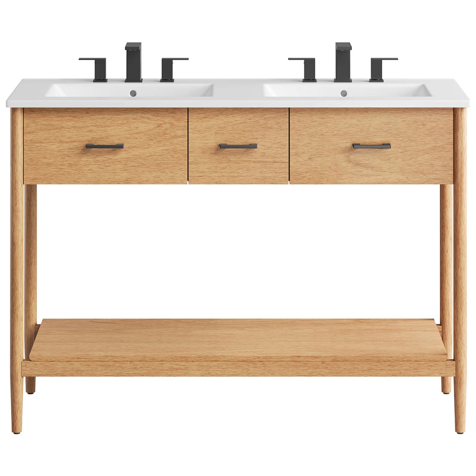 Crisp white countertop and dual basins pair with minimalist wood cabinet for a mid-century look || EEI-6826-NAT-WHI || front_studio