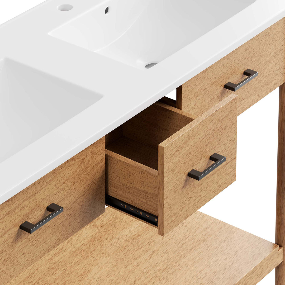 Roomy center drawer with wood box construction and metal glides for easy access || EEI-6826-NAT-WHI || storage_open_studio