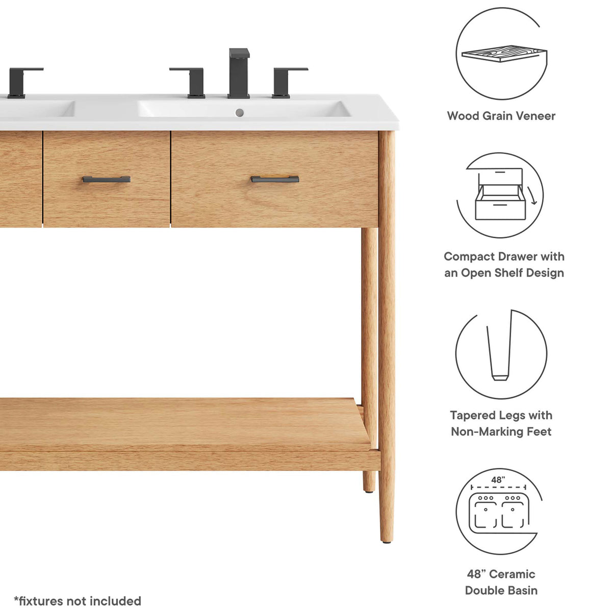 Feature highlights include wood grain veneer, open shelf, tapered legs, and 48-inch double basin || EEI-6826-NAT-WHI || callout_studio