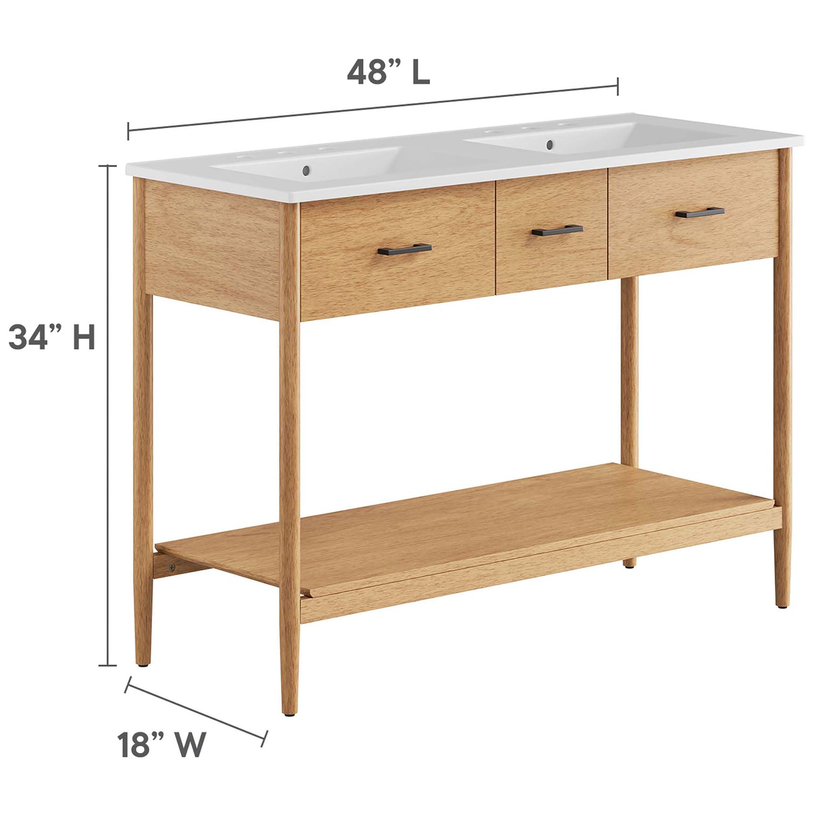 Sized at 48 inches wide, 18 inches deep, and 34 inches high for comfortable daily use || EEI-6826-NAT-WHI || dimension_studio