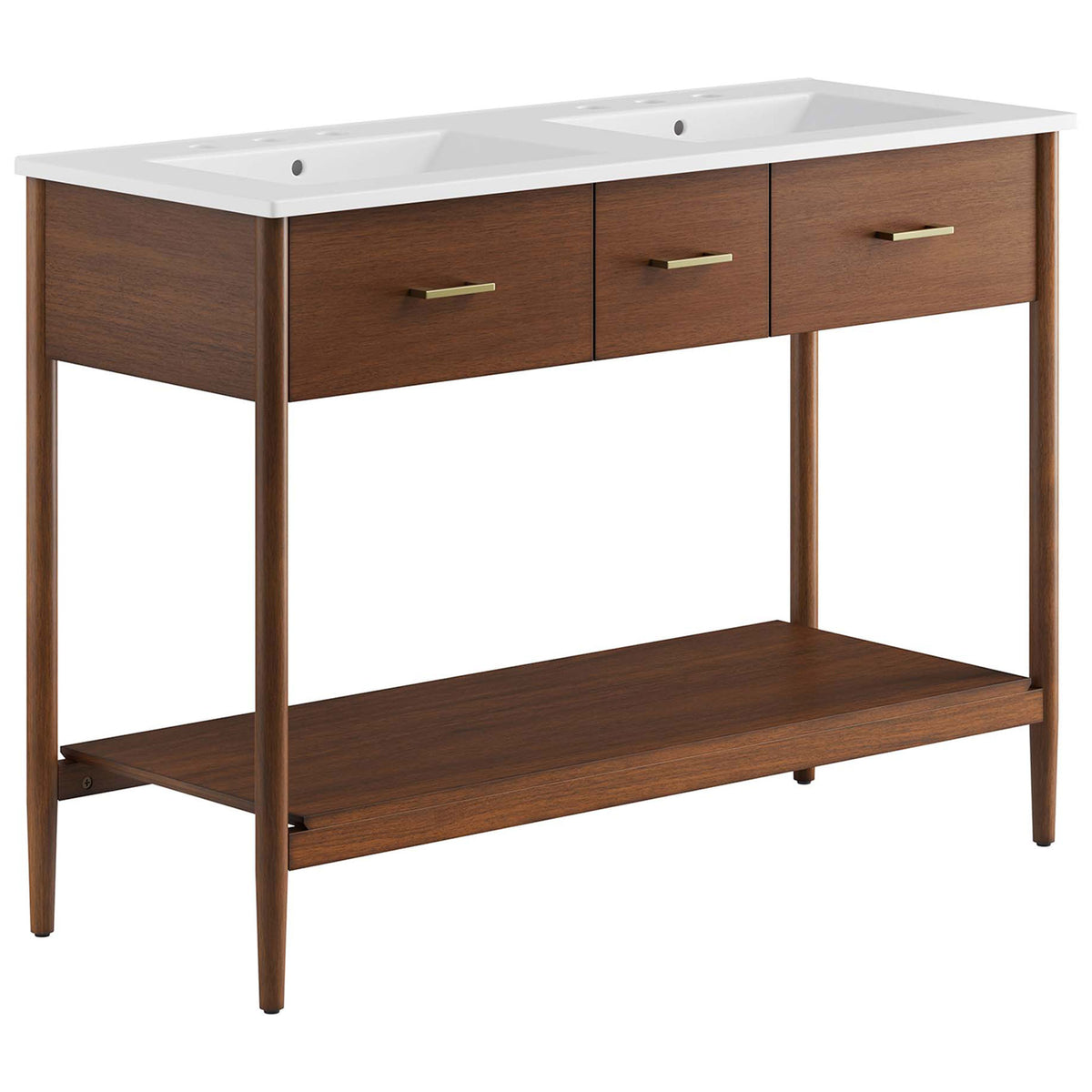 Clean-lined double sink vanity in warm walnut with sleek hardware and a white integrated top || EEI-6826-WAL-WHI || front_angle_studio