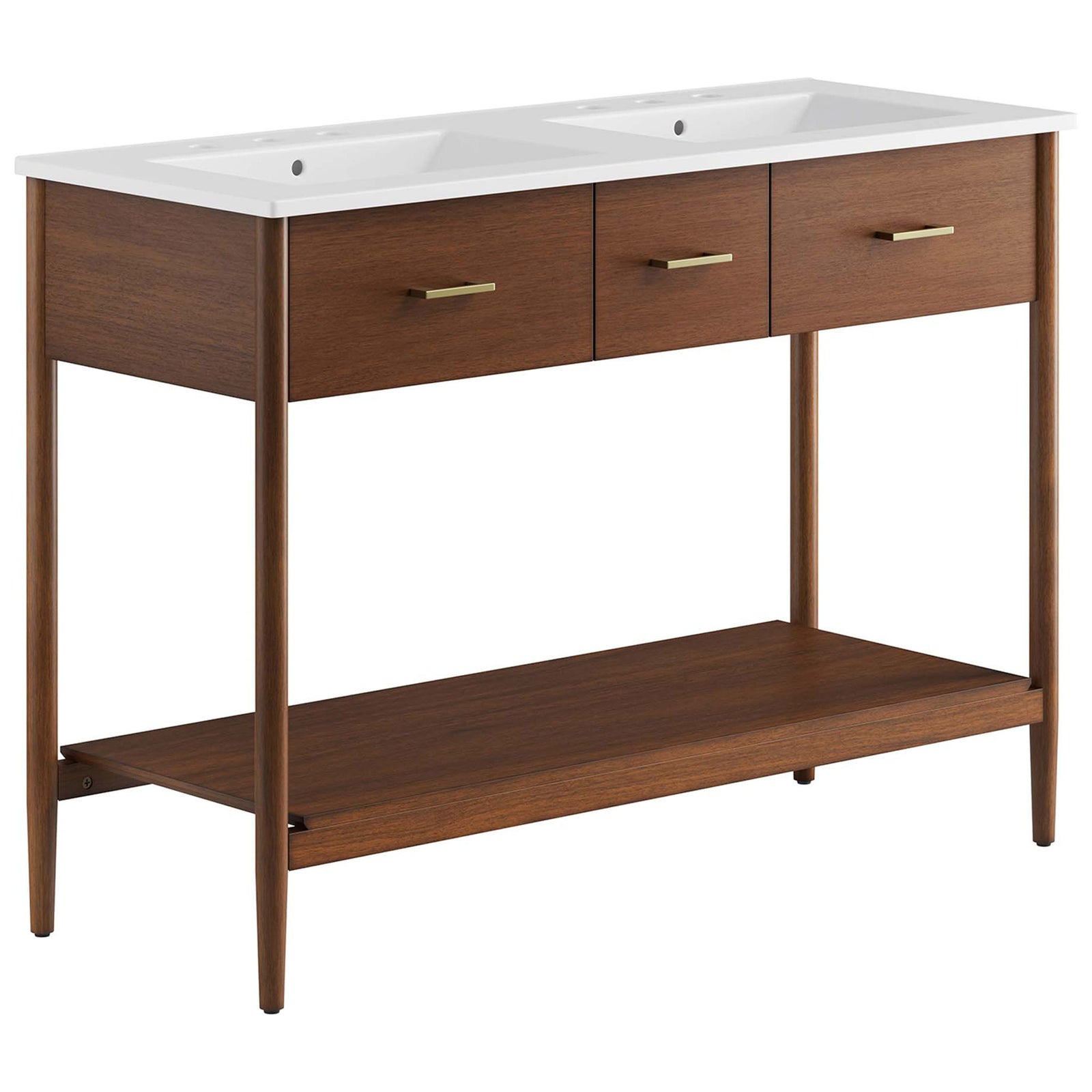 Clean-lined double sink vanity in warm walnut with sleek hardware and a white integrated top || EEI-6826-WAL-WHI || front_angle_studio