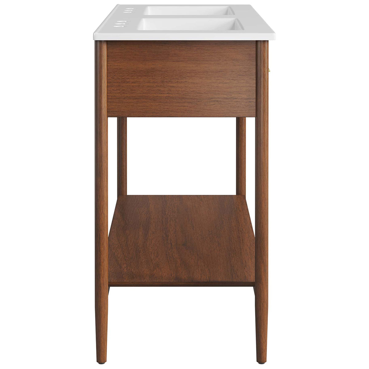 Tapered legs and open shelf beneath the crisp double basin top || EEI-6826-WAL-WHI || side_studio