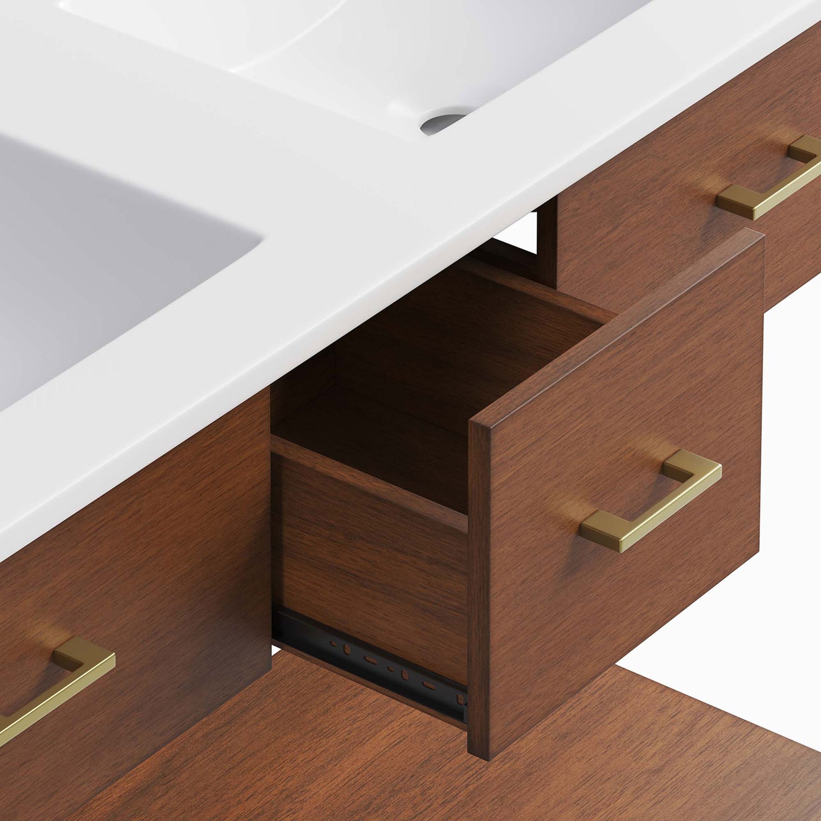 Metal glides and a deep drawer compartment keep bathroom essentials neatly organized || EEI-6826-WAL-WHI || storage_open_studio