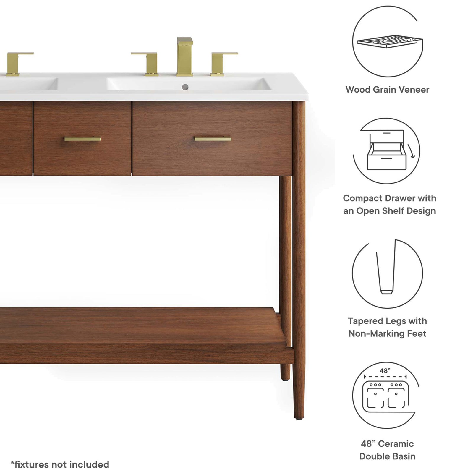 Wood grain veneer, tapered legs, open shelf, and a 48-inch double basin complete the design || EEI-6826-WAL-WHI || callout_studio