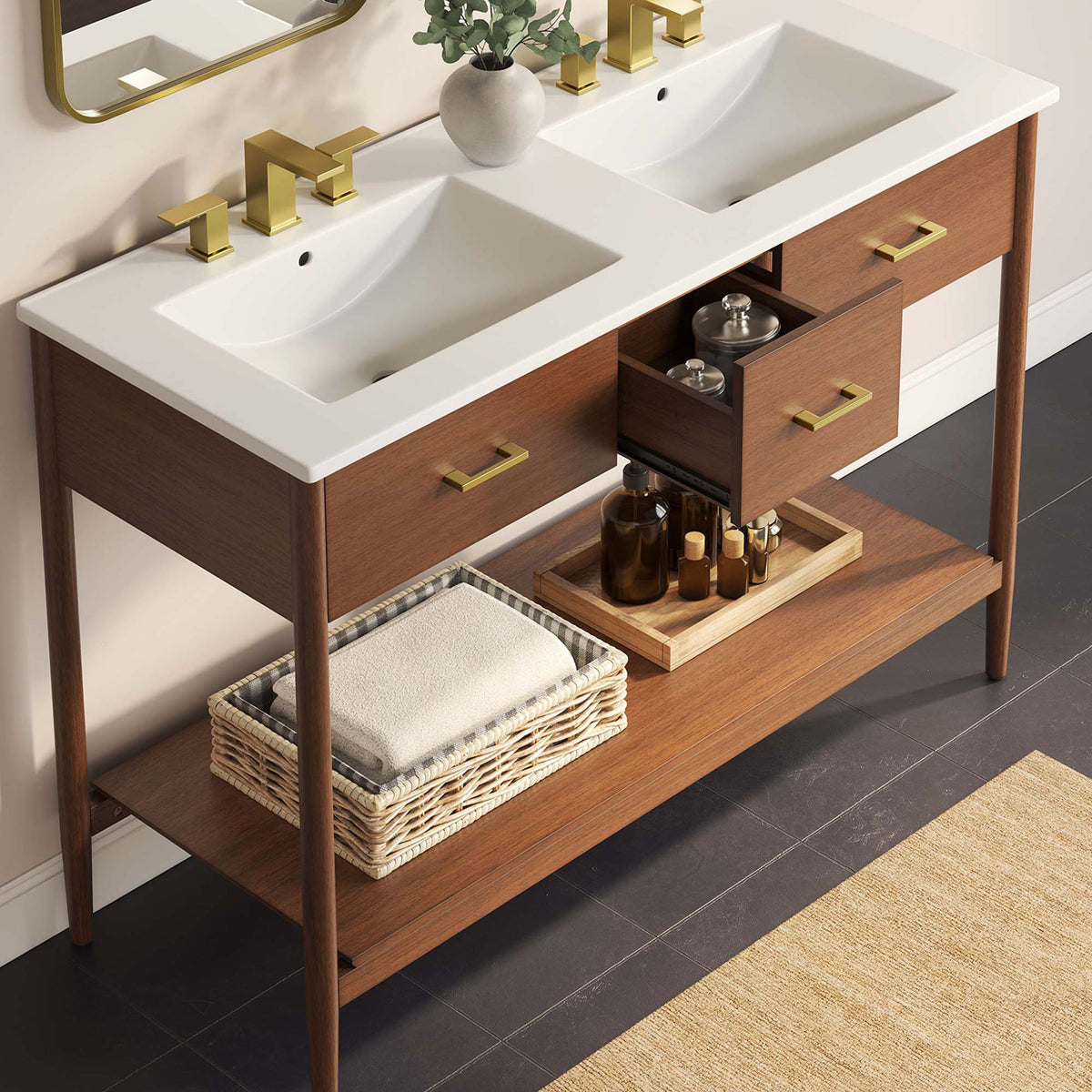 Open drawer keeps daily essentials within reach beneath the crisp dual sinks || EEI-6826-WAL-WHI || front_angle_open_room