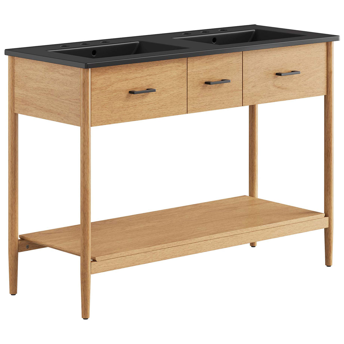 Natural wood vanity with black double basins, three drawers, and an open shelf on tapered legs || EEI-6827-NAT-BLK || front_angle_studio