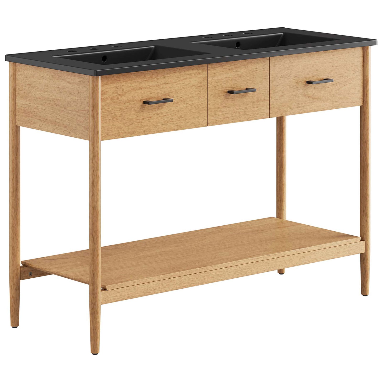 Natural wood vanity with black double basins, three drawers, and an open shelf on tapered legs || EEI-6827-NAT-BLK || front_angle_studio