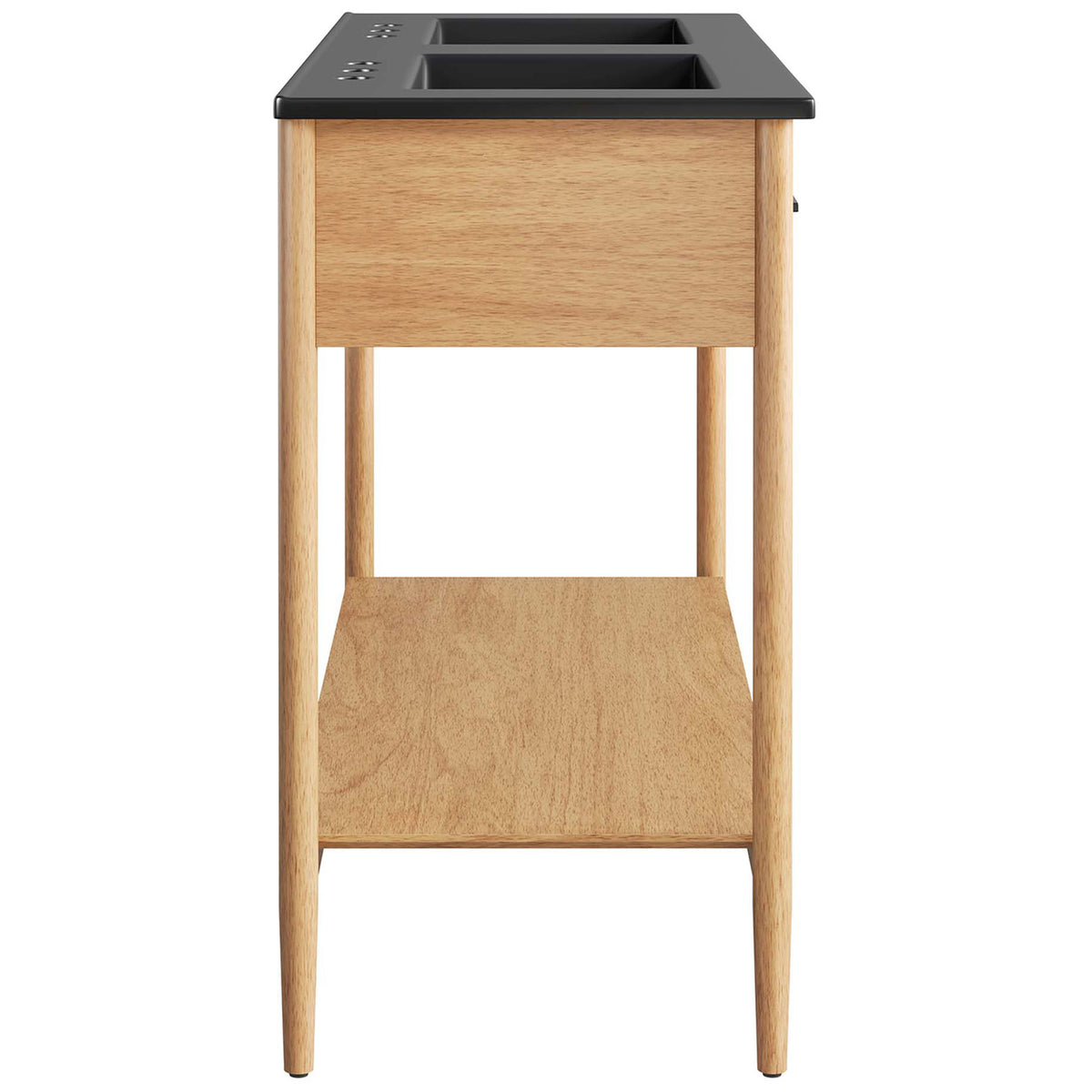 Streamlined profile with tapered legs, open shelf, and a sleek black double-basin top || EEI-6827-NAT-BLK || side_studio