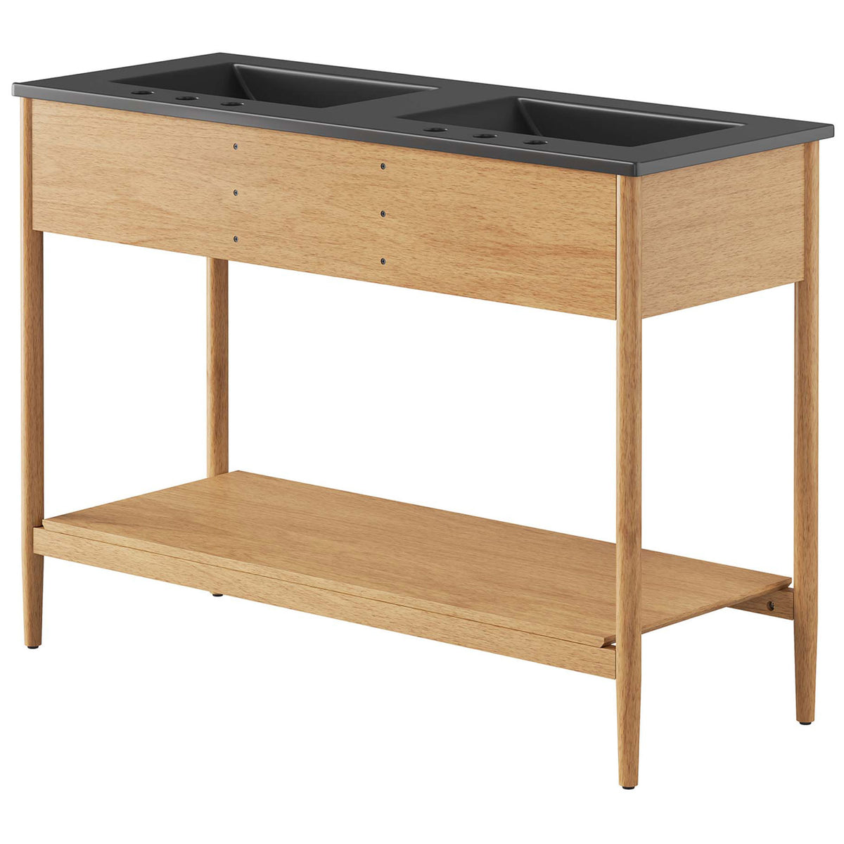 Clean back design with slim frame and sturdy shelf supports beneath the bold black countertop || EEI-6827-NAT-BLK || back_angle_studio