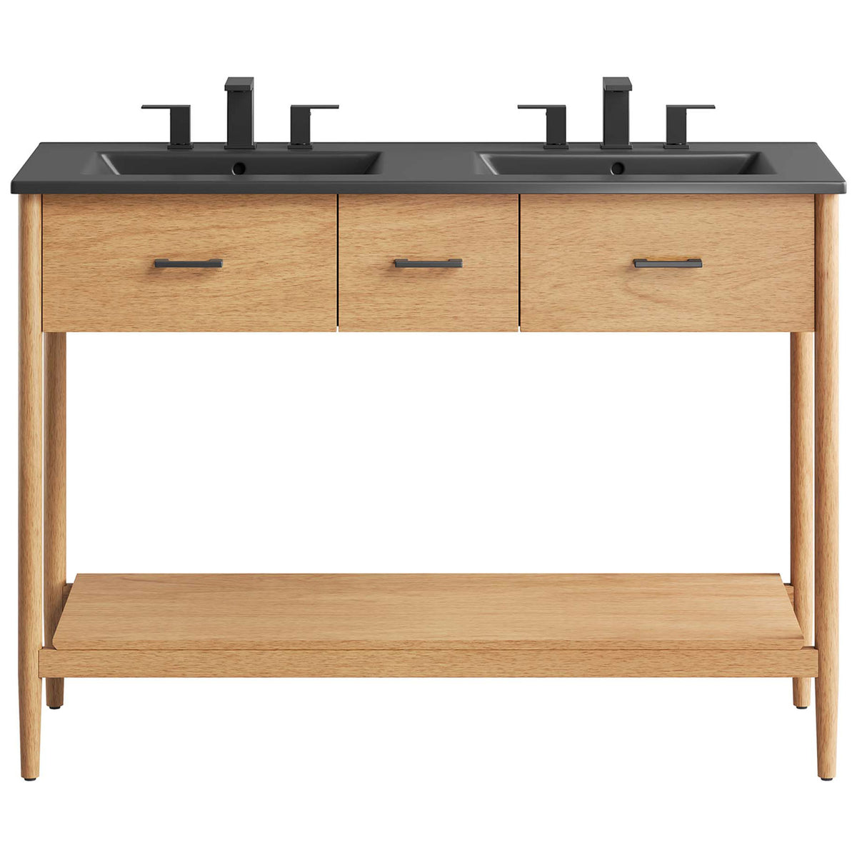 Balanced double-sink design with three metal-pull drawers and a spacious full-length lower shelf || EEI-6827-NAT-BLK || front_studio