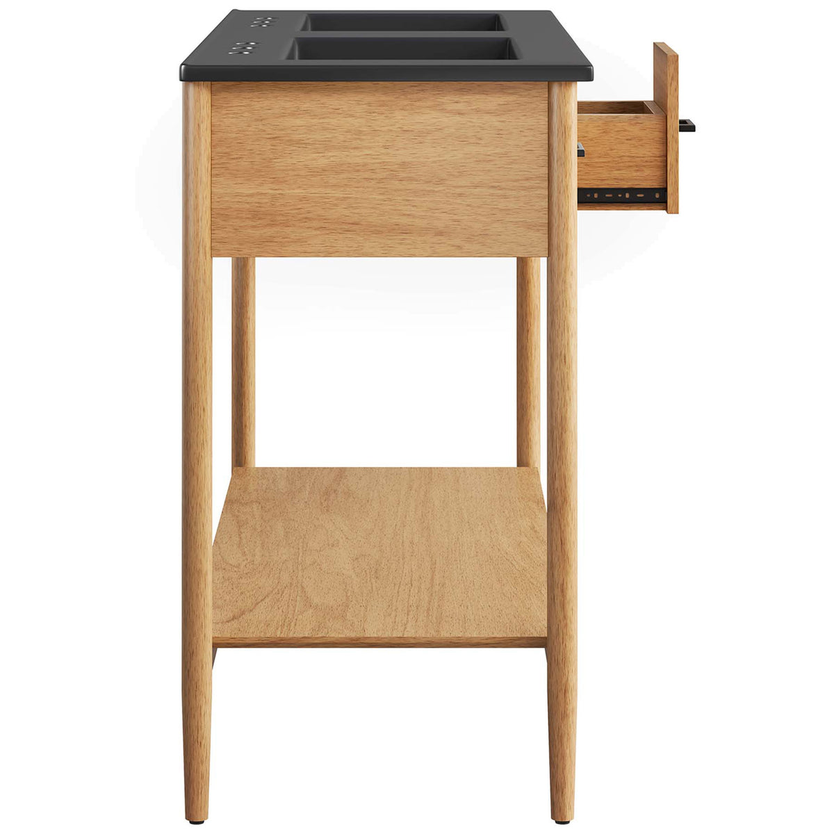 Smooth-glide drawer opens to reveal convenient storage alongside the airy open shelf || EEI-6827-NAT-BLK || side_open_studio