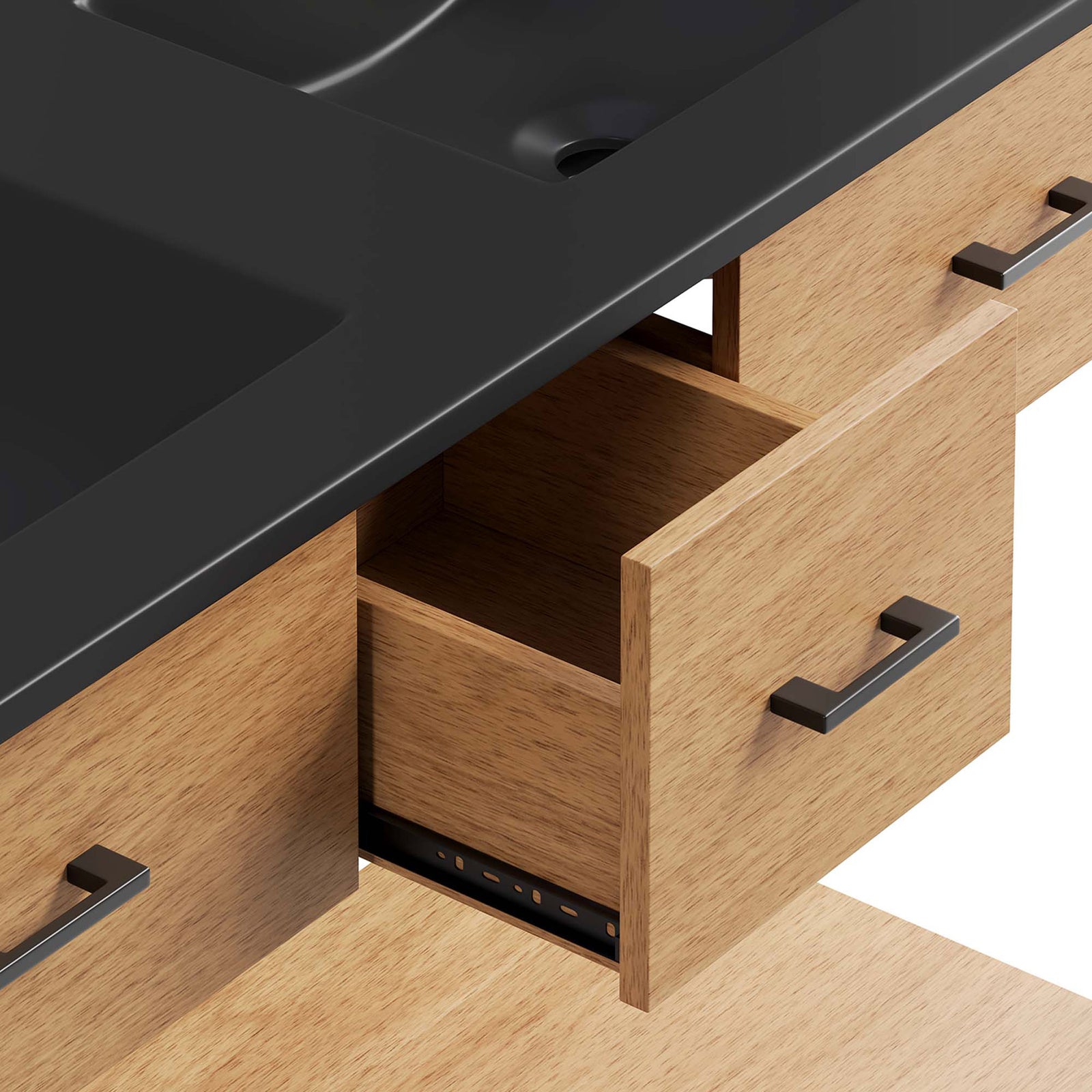 Center drawer storage keeps daily essentials organized beneath the durable black basin top || EEI-6827-NAT-BLK || storage_open_studio