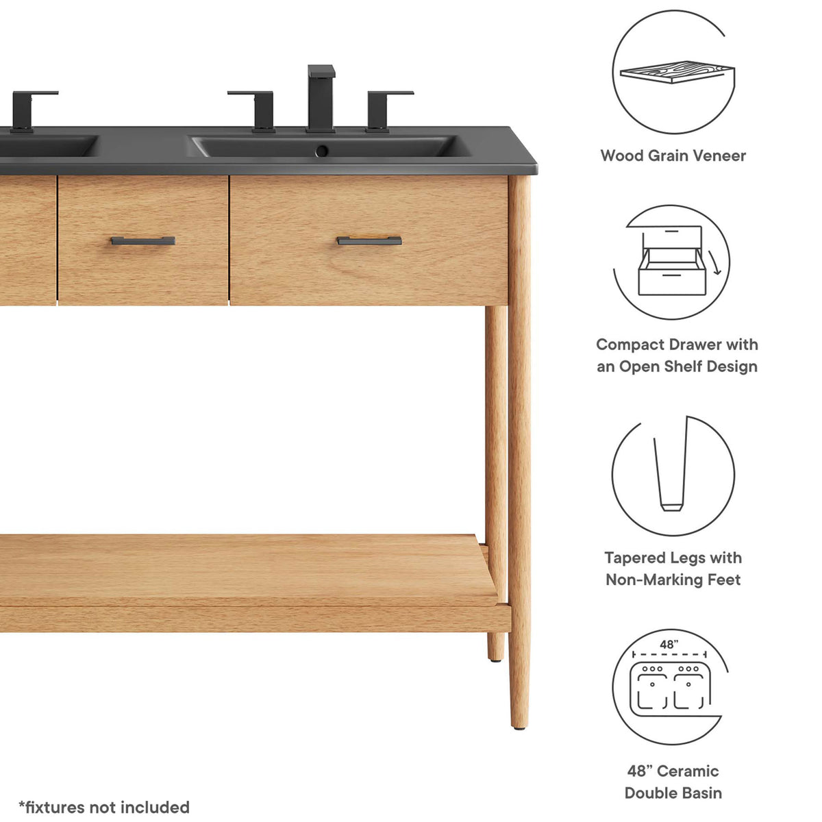 Wood-grain veneer, non-marking feet, and a 48-inch ceramic double basin elevate everyday routines || EEI-6827-NAT-BLK || callout_studio