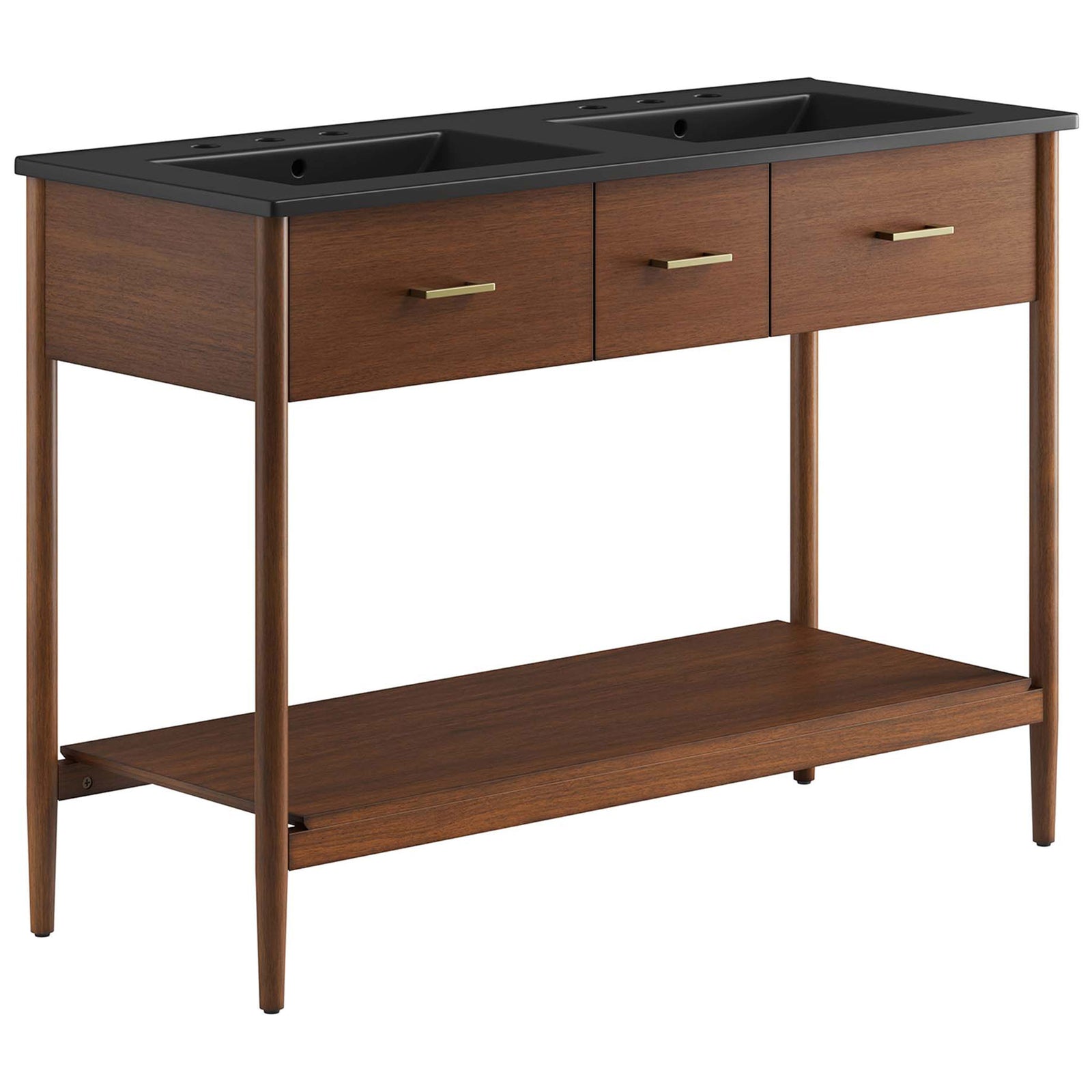 Walnut vanity with black double basin, brass pulls, and an open shelf on tapered legs || EEI-6827-WAL-BLK || front_angle_studio