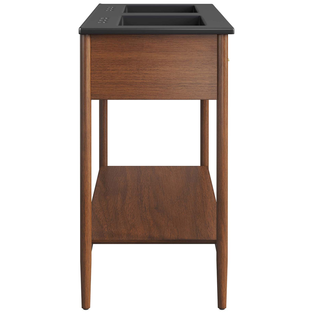 Slim profile showcases the black top, twin basins, and lower shelf in a warm walnut finish || EEI-6827-WAL-BLK || side_studio
