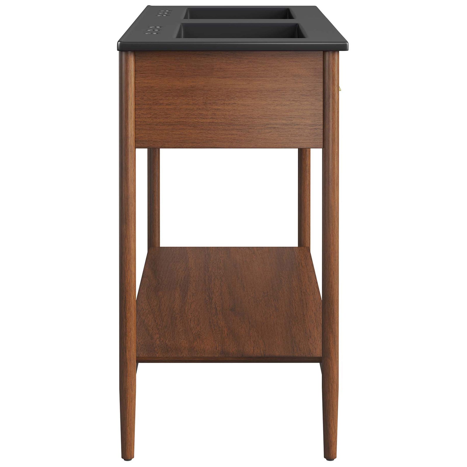 Slim profile showcases the black top, twin basins, and lower shelf in a warm walnut finish || EEI-6827-WAL-BLK || side_studio