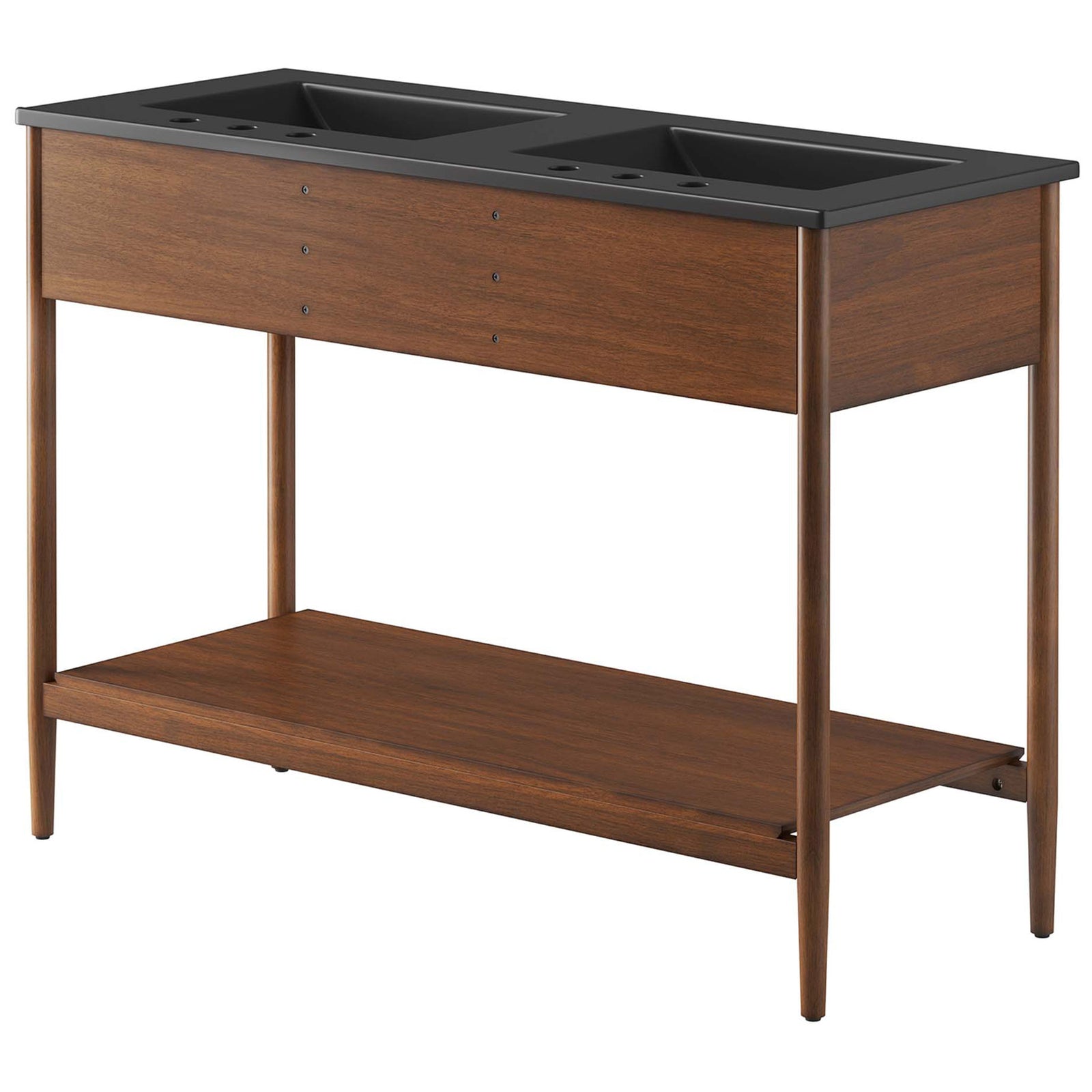 Clean-lined back with rich walnut veneer and open lower shelf for towels and baskets || EEI-6827-WAL-BLK || back_angle_studio