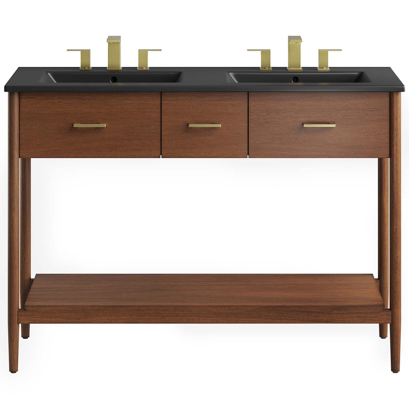 Striking double-sink top and streamlined cabinet with brass hardware and a walnut finish || EEI-6827-WAL-BLK || front_studio