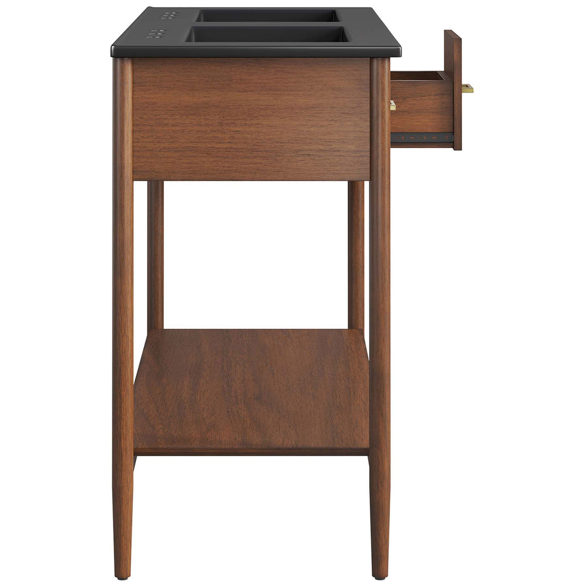 Easy-access drawer and open shelf keep essentials handy beneath the sleek double basins || EEI-6827-WAL-BLK || side_open_studio