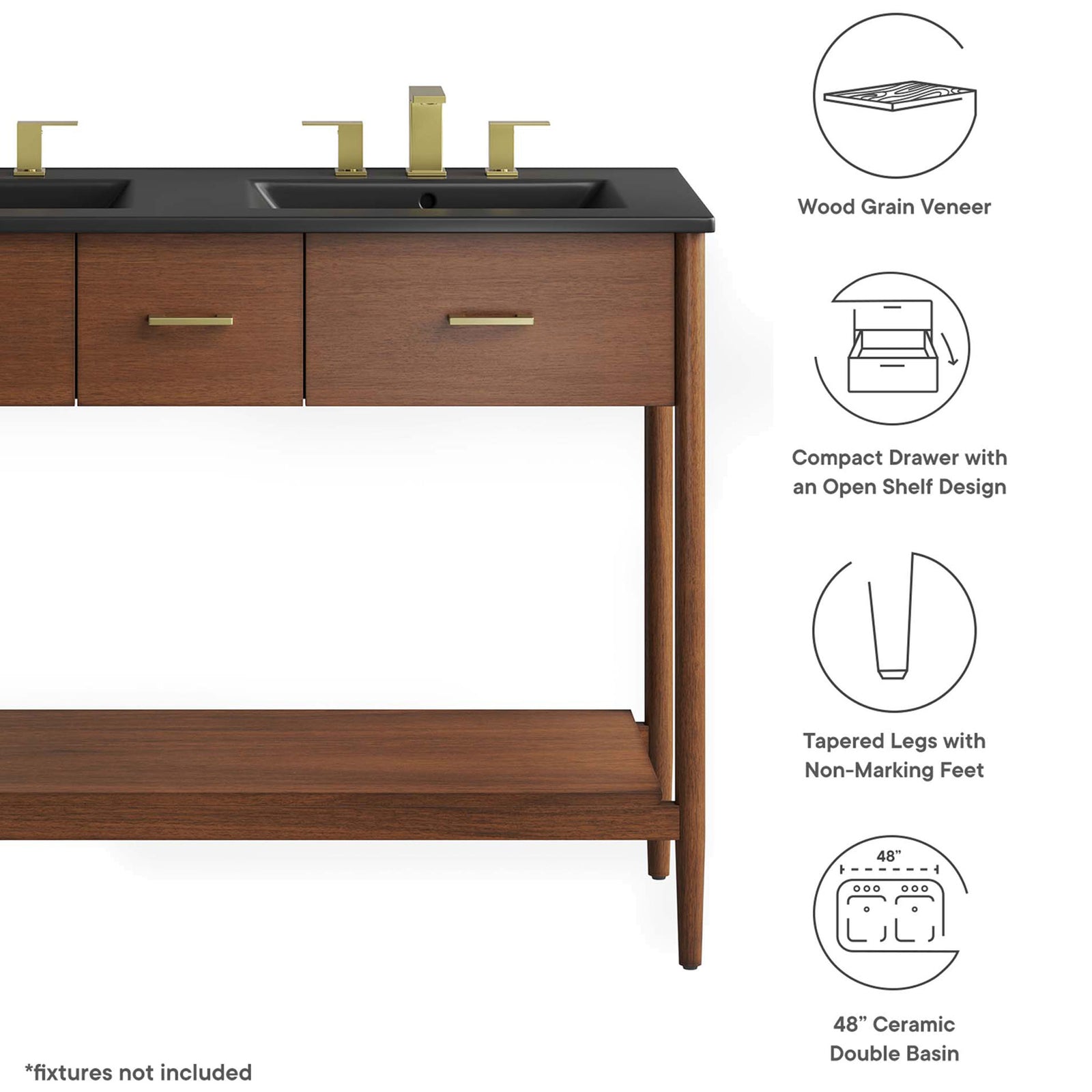 Key features include wood grain veneer, open shelf design, tapered legs, and double basin || EEI-6827-WAL-BLK || callout_studio