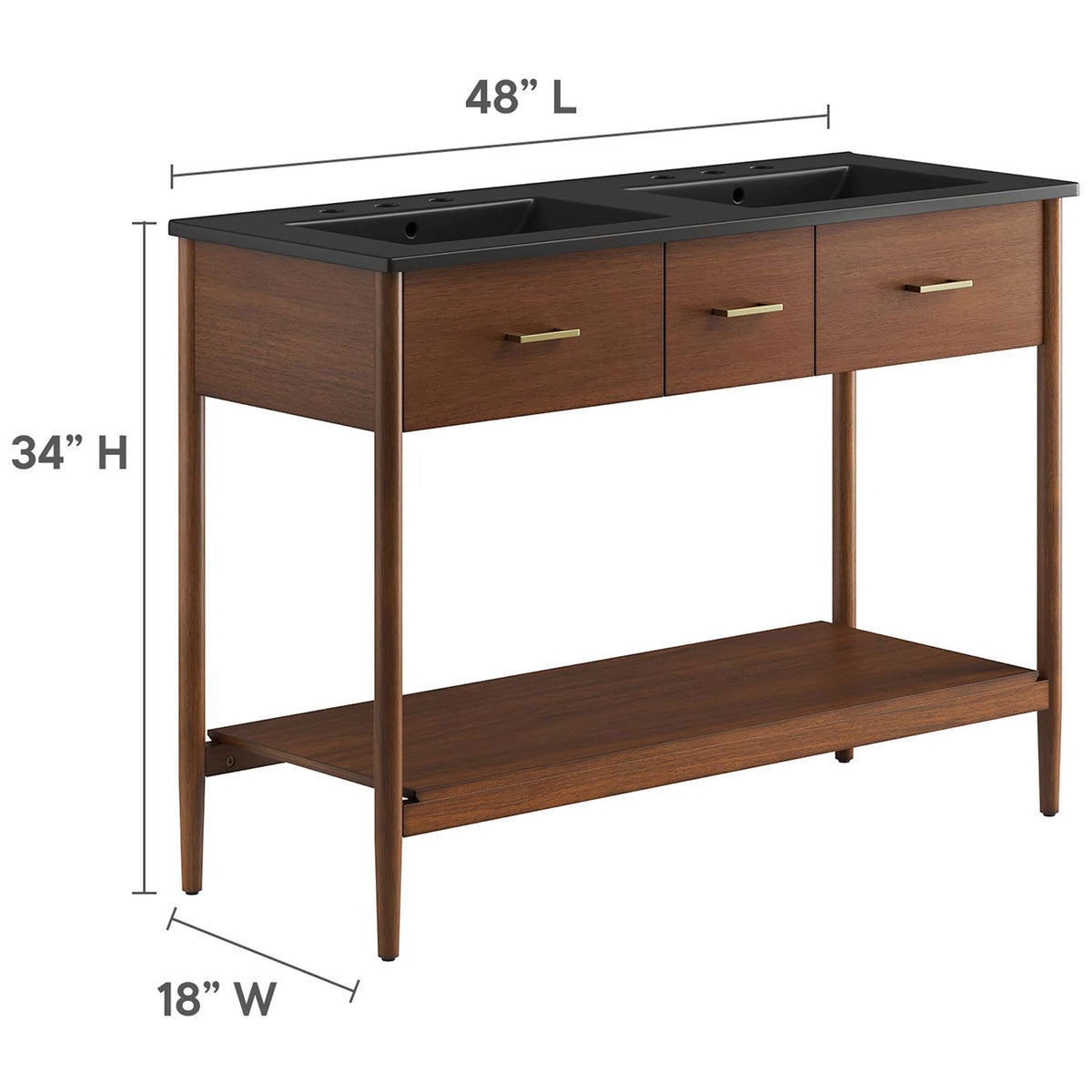 Sized for bathrooms: 48 L x 18 W x 34 H with an integrated double-sink countertop || EEI-6827-WAL-BLK || dimension_studio